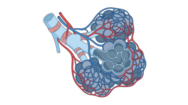 Detailed anatomical illustration of a human lung with blood vessels and bronchi on a white background.