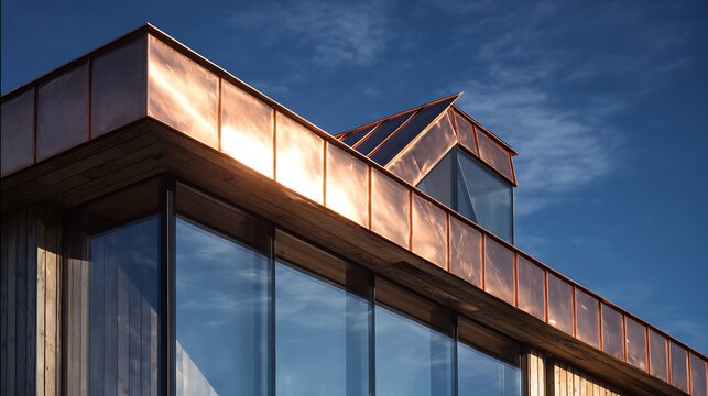 Modern architectural building detail featuring copper cladding and large glass windows against a blue sky.