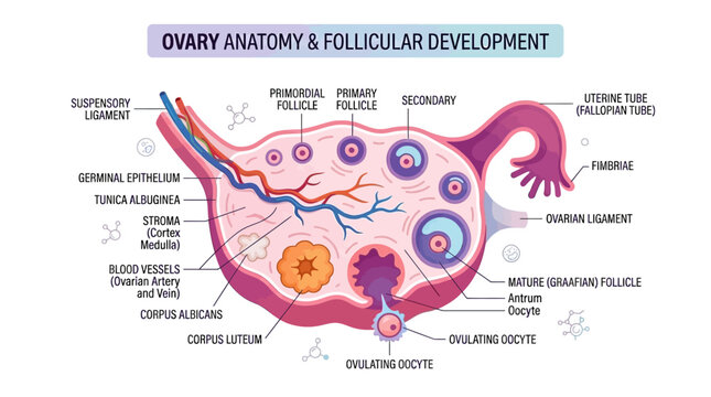 Detailed anatomical illustration of a human ovary with labeled structures, showcasing follicular development and reproductive system components on a clean white background.