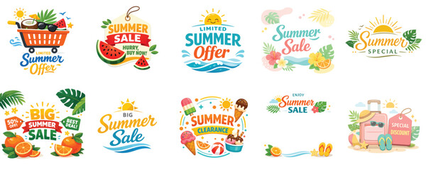 Fototapeta premium Summer sale banner vector. Summer theme. Vector, illustration, minimalist, flat, icon, icon set