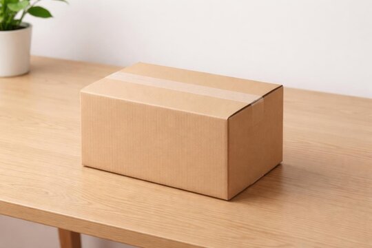 Paquete de cart&oacute;n sin marca sellado con cinta adhesiva sobre una mesa de madera minimalista