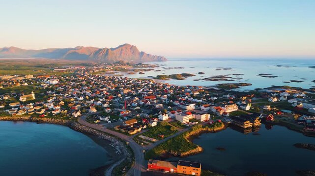 Aerial view of Andenes village and coastline in And&oslash;ya, Northern Norway