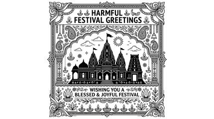 Ornate hindu temple silhouette greeting with traditional diya lamps © Soheh