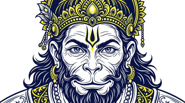 Powerful portrait of lord hanuman wearing an ornate golden crown