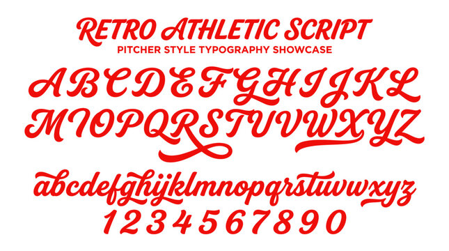 Red vintage baseball script font with letters and numbers