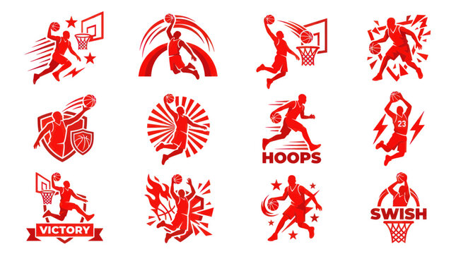 Red basketball sports emblems featuring players dunking and dribbling