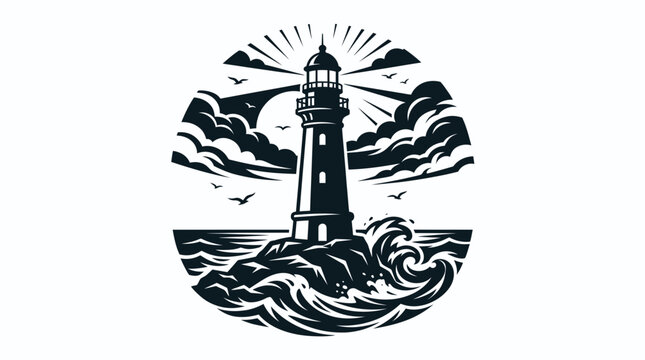 Lighthouse standing on rocky shore with crashing ocean waves