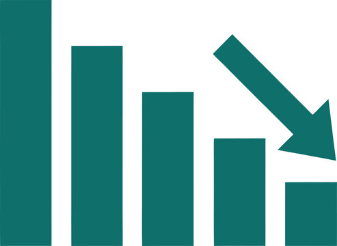 Minimalist vector graphic illustration featuring a descending teal bar chart with a downward pointing arrow representing financial loss and declining business performance in a modern style
