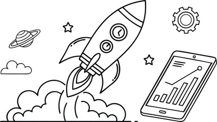 Rocket ship planet and smartphone line drawing with clouds and stars on a white background © Riazhasan444