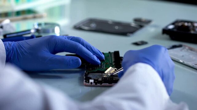 Lab worker analyzing computer part, forensic science experiment, information.