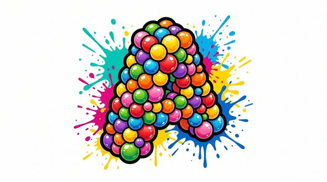 Letter A formed from glossy rainbow gumballs with black outline and vibrant paint splashes. Bold, playful bubble-pop style perfect for candy branding, logos, or kids merch.