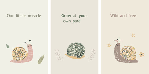 Premium scandi nursery wall art bundle with cute snails. Minimalist boho baby cards set with watercolor snail characters and sweet quotes. Elegant kids room decor vector poster template. © An Chubenko