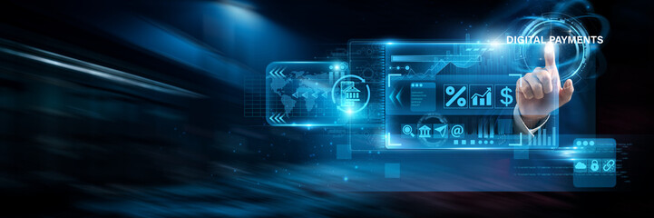Fototapeta premium Businessman uses virtual smart dashboards analyzing digital payment data and transaction processing, financial technology, secure payments, electronic commerce.