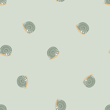 Minimalist scandi snail shell seamless pattern. Cute boho baby micro drop vector background on dusty sage green. Simple aesthetic print for nursery textile, kids apparel and wallpaper.