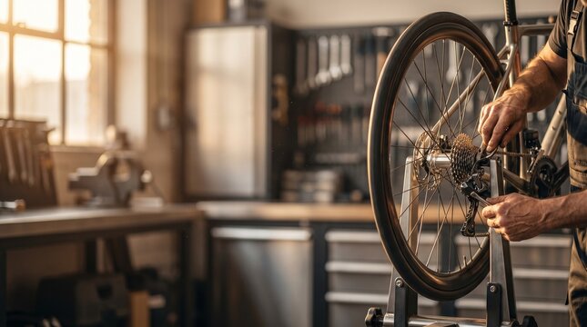 Close-up of a person fixing a bicycle wheel in a workshop setting