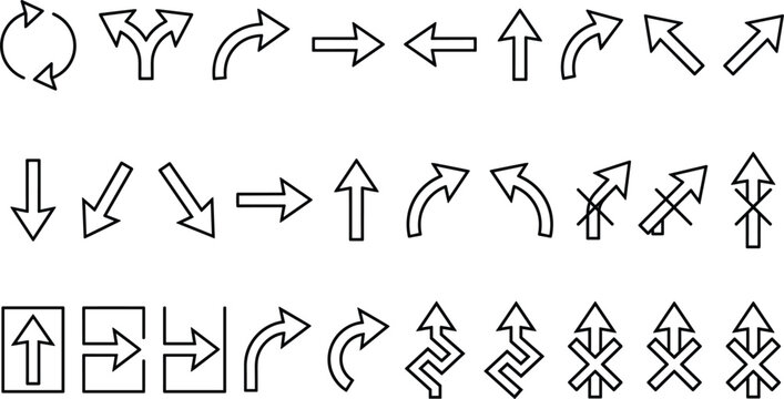 Directional pointer arrow line icon set with road way curves navigation shortcuts and traffic signs vector bundle