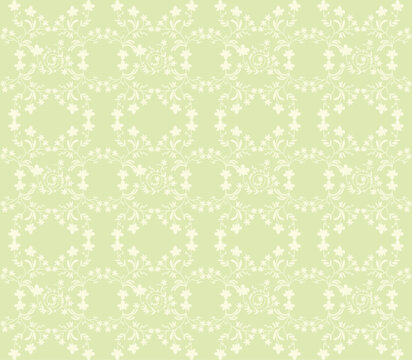 Seamless vintage floral pattern with delicate white botanical motifs on a pale yellow background. Elegant repeating lattice design for textile, fabric, wallpaper, wrapping paper  spring decor