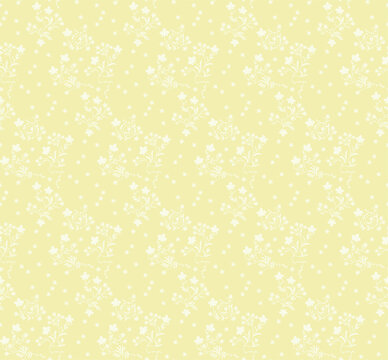 Seamless vintage floral pattern with delicate white sprays and stars on pale yellow. Romantic folk art design for textile, fabric, wallpaper, wrapping paper  spring decor