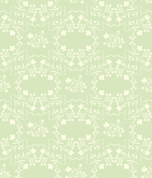 Seamless vintage floral pattern with white delicate sprays on pastel mint green. Folk art embroidery style for textile, fabric, wallpaper, wrapping paper  spring decor