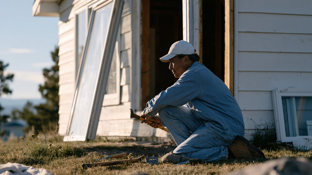 window glazier kneeling on residential lawn outside low ranch-style house removing deteriorated single-pane aluminum window from exterior opening, pry bar and putty knife on