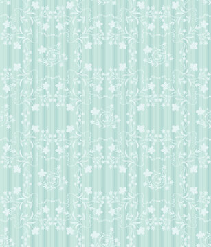 Seamless vintage floral pattern with delicate white vines on pastel blue vertical stripes. Romantic folk art design for textile, fabric, wallpaper, wrapping paper spring decor