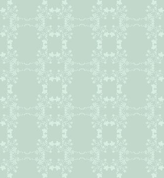 Seamless vintage floral pattern with delicate white vines and blossoms on a soft mint green background. Elegant lattice design for textile, fabric, wallpaper, wrapping paper  spring decor