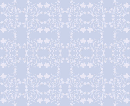Seamless vintage floral pattern with delicate white vines and blossoms on a soft pastel lavender background. Elegant lattice design for textile, fabric, wallpaper, wrapping paper  spring decor