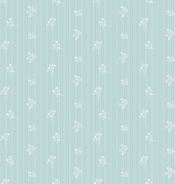 Seamless vintage floral pattern with delicate white sprays on soft pastel blue vertical stripes. Romantic folk art design for textile, fabric, wallpaper, wrapping paper  spring decor