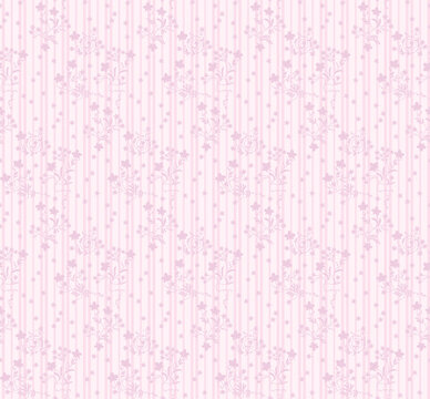 Seamless vintage floral pattern with delicate white sprays and stars on soft pastel pink vertical stripes. Romantic folk art design for textile, fabric, wallpaper, wrapping paper spring decor.