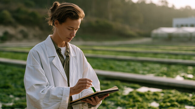 Algae cultivation technician collects a sample from an outdoor raceway pond into a glass vial at early morning mist, labeling biomass density before transferring to the bioreactor