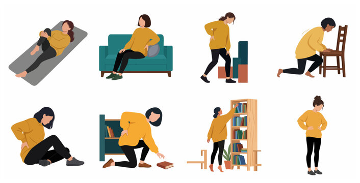 Woman Experiencing Back Pain in Various Daily Activities and Postures Vector Illustration Set
