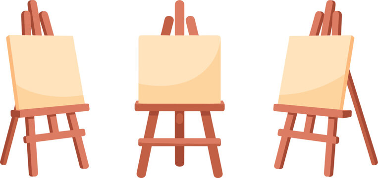 Wooden artist easel with blank canvas vector set illustration mockup for painting isolated on white background