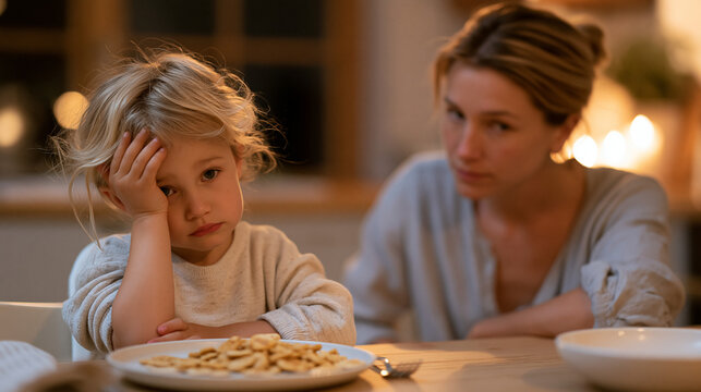 Toddler refusing to eat anything but crackers at a dinner table, parent resting forehead in palm across from untouched plate, picky eater meal strategy, feeding struggle, child