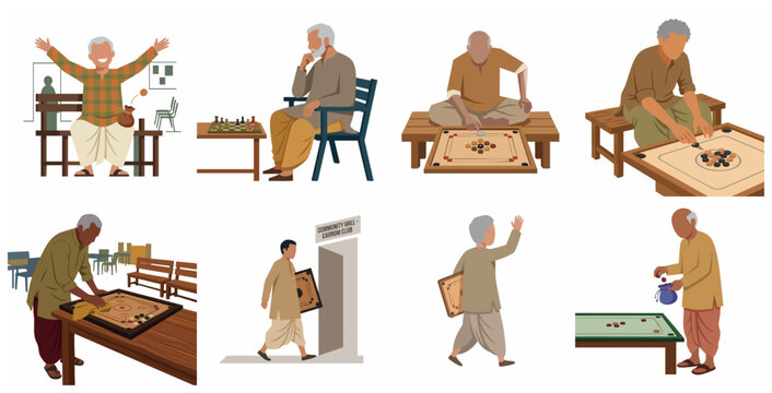 Set of flat vector illustrations of senior Indian men playing carrom and chess at a community club