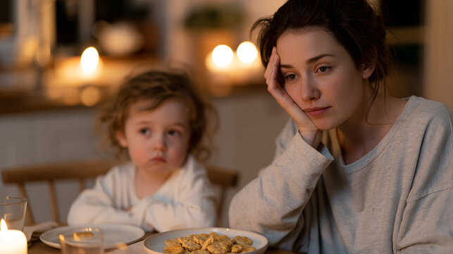 Toddler refusing to eat anything but crackers at a dinner table, parent resting forehead in palm across from untouched plate, picky eater meal strategy, feeding struggle, child