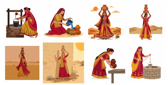 Flat Vector Illustration Set of Traditional Indian Rajasthani Women Collecting and Carrying Water from a Well in the Desert
