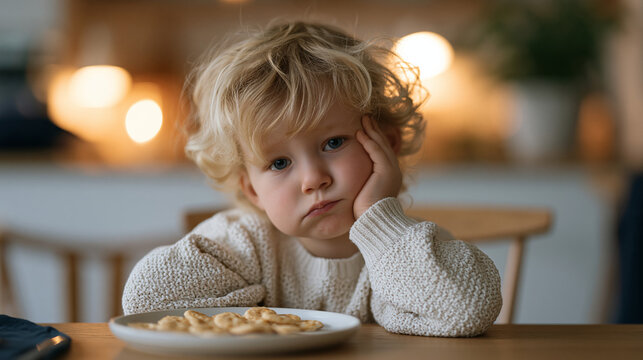 Toddler refusing to eat anything but crackers at a dinner table, parent resting forehead in palm across from untouched plate, picky eater meal strategy, feeding struggle, child