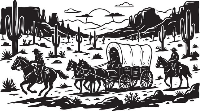 Western, black and white, cowboy, desert, covered wagon, vector illustration