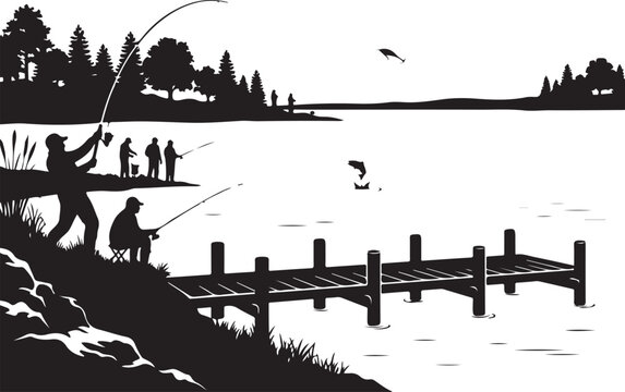 Fishing, silhouette, lake scene, vector illustration, black and white, outdoor recreation