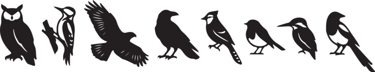 Obraz premium Black bird silhouettes, crow icons, raven graphics, bird clip art, vector illustrations