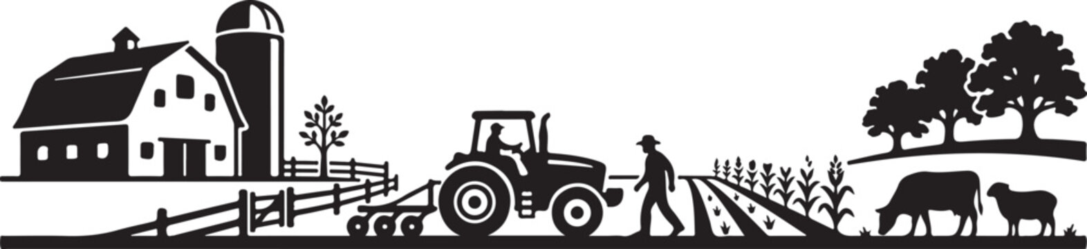 Farm, tractor, rural landscape, agriculture icons, black and white vector