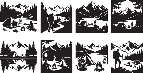 Fototapeta premium Camping icons, outdoor adventure symbols, black silhouette graphics, vector illustrations