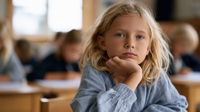 Gifted eight-year-old slouched at classroom desk during a basic worksheet exercise, chin propped on hand, staring blankly at ceiling, other students working busily around her,