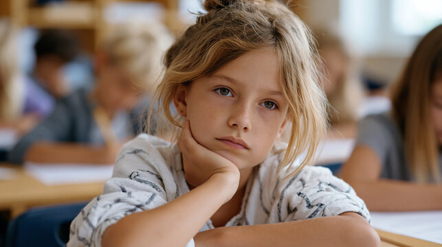 Gifted eight-year-old slouched at classroom desk during a basic worksheet exercise, chin propped on hand, staring blankly at ceiling, other students working busily around her,