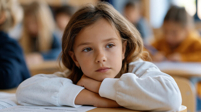 Gifted eight-year-old slouched at classroom desk during a basic worksheet exercise, chin propped on hand, staring blankly at ceiling, other students working busily around her,