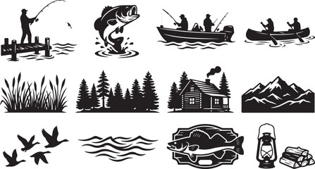Obraz premium Outdoor Adventure Icons, Fishing, Camping, Hiking, Nature Symbols, Vector Illustrations