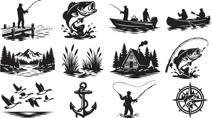 Obraz premium Fishing, boat, outdoor icons set, black silhouette vector graphics, 12 elements