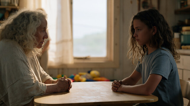 Middle-aged grandmother and adult daughter sitting at opposite ends of a kitchen table in a modest home, tense silence between them, toddler toys scattered on linoleum floor,