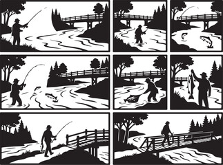 Obraz premium Fishing, silhouette icons, black and white, vector illustrations, outdoor recreation, fishing scenes, river landscapes