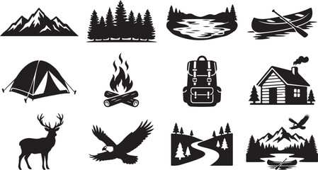 Obraz premium Camping icons, outdoor adventure symbols, black silhouette graphics, wilderness travel illustrations, 13 vector graphics